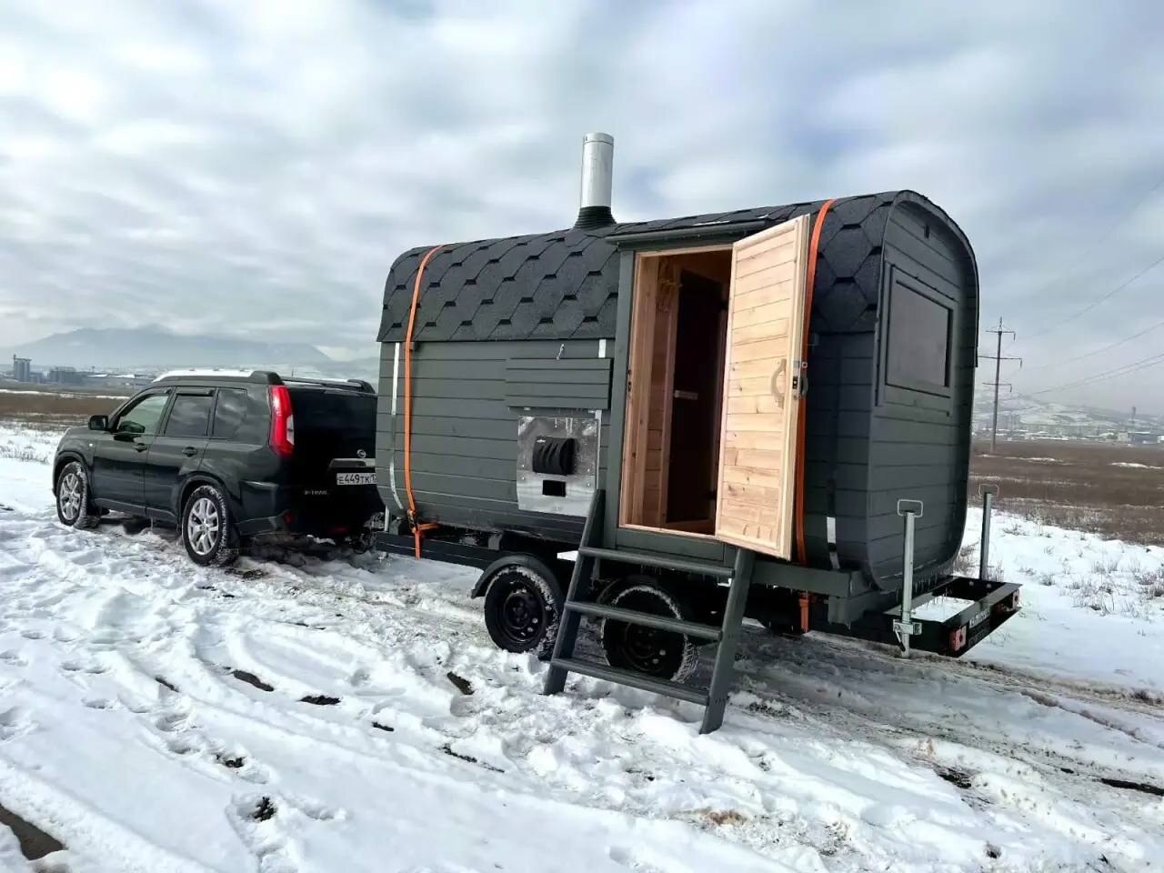 Квадро-баня 4м на двухосном прицепе в Самаре — внешний вид